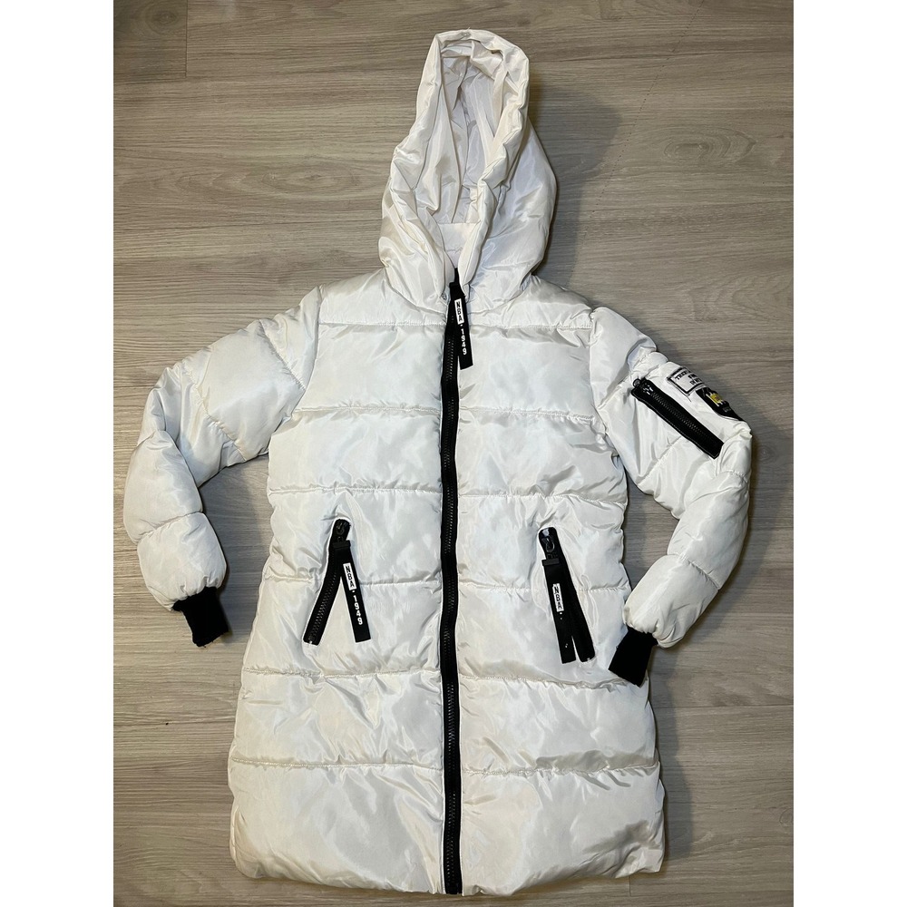 YYACHU Long Puffer Coat Womens M White Hooded Quilted Zip Front Winter Jacket